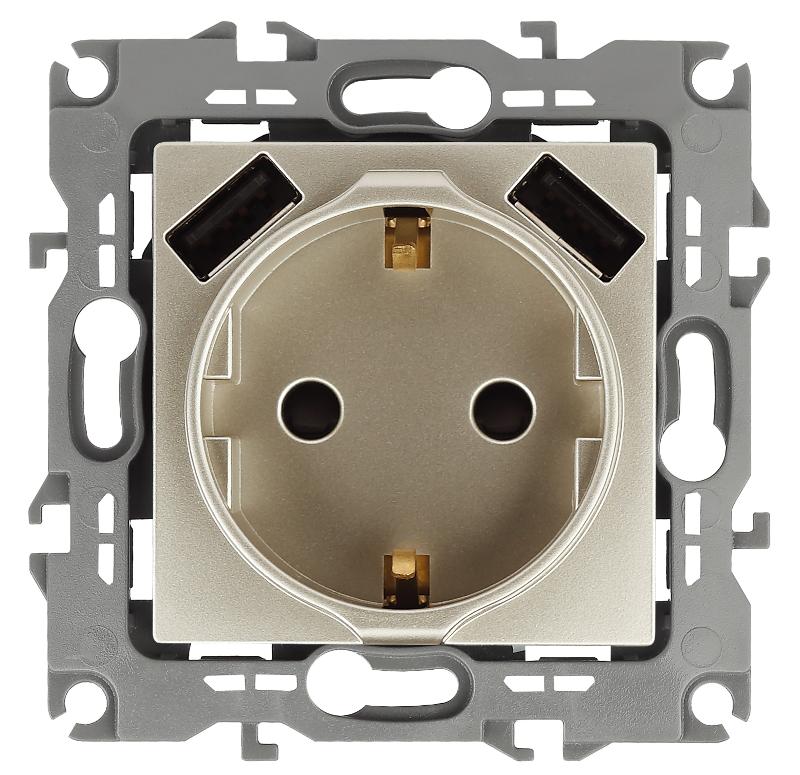 12-4109-04 Розетка с заземлением 16A-250В, штор. с 2xUSB 5В-3А, 12, шампань