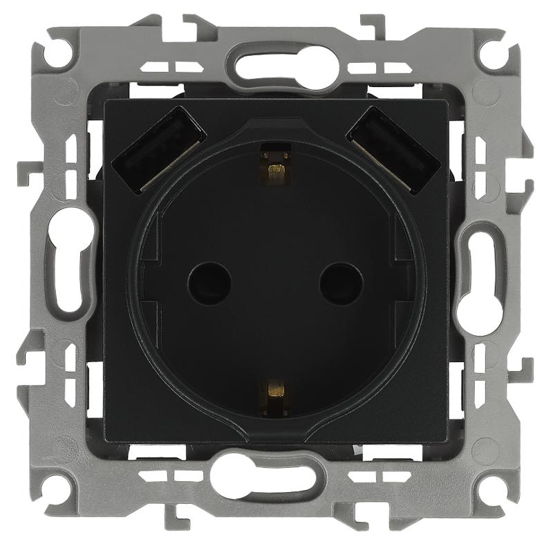 12-4109-05 Розетка с заземлением 16A-250В, штор. с 2xUSB 5В-3А, 12, антрацит