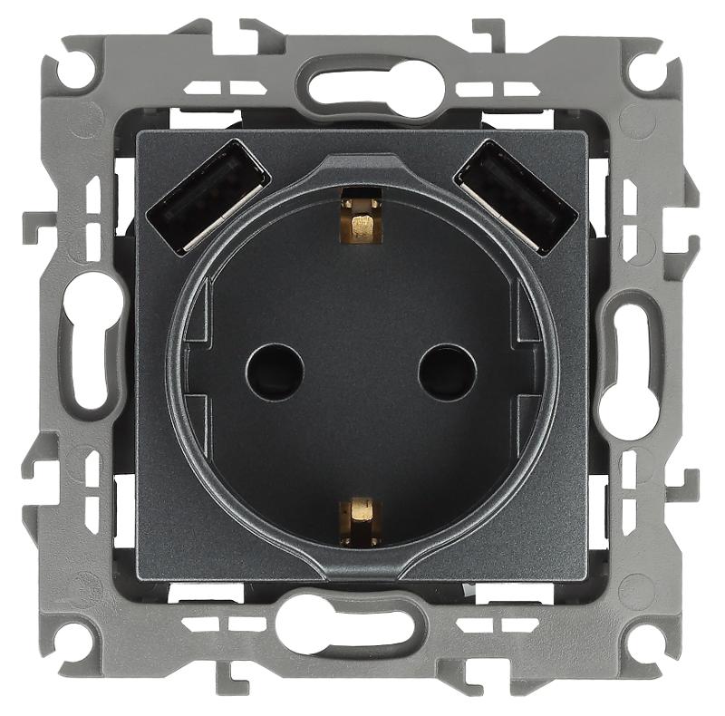 12-4109-12 Розетка с заземлением 16A-250В, штор. с 2xUSB 5В-3А, 12, графит