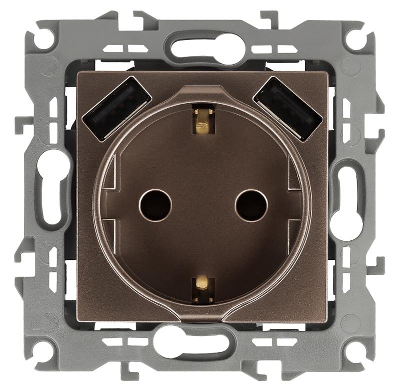 12-4109-13 Розетка с заземлением 16A-250В, штор. с 2xUSB 5В-3А, 12, бронза
