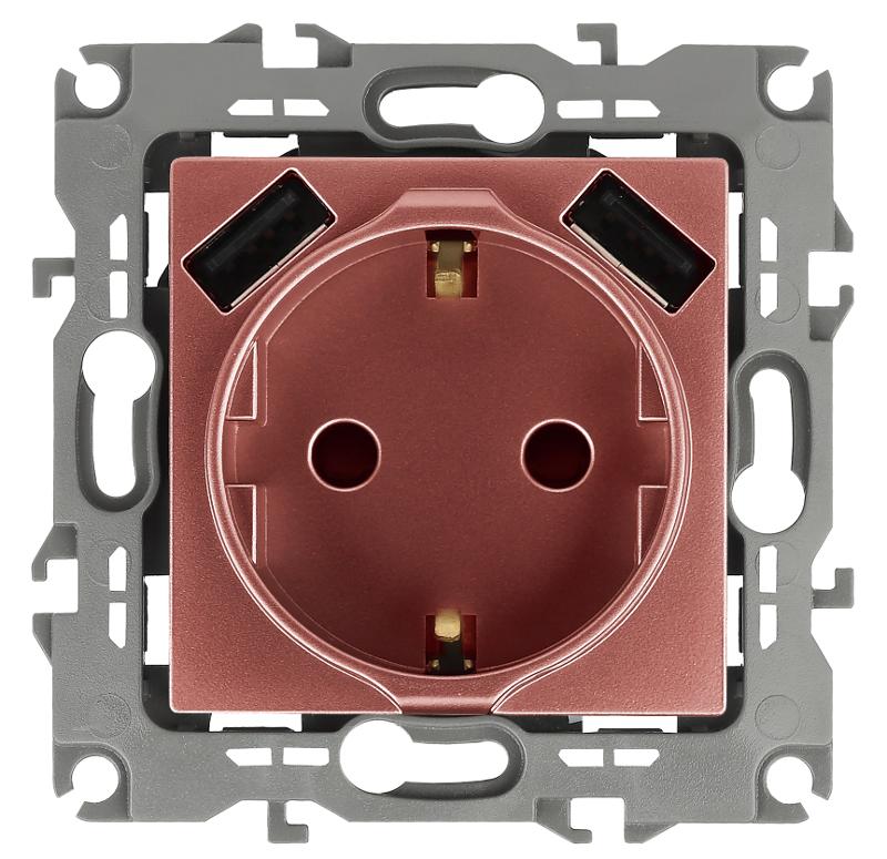 12-4109-14 Розетка с заземлением 16A-250В, штор. с 2xUSB 5В-3А, 12, медь