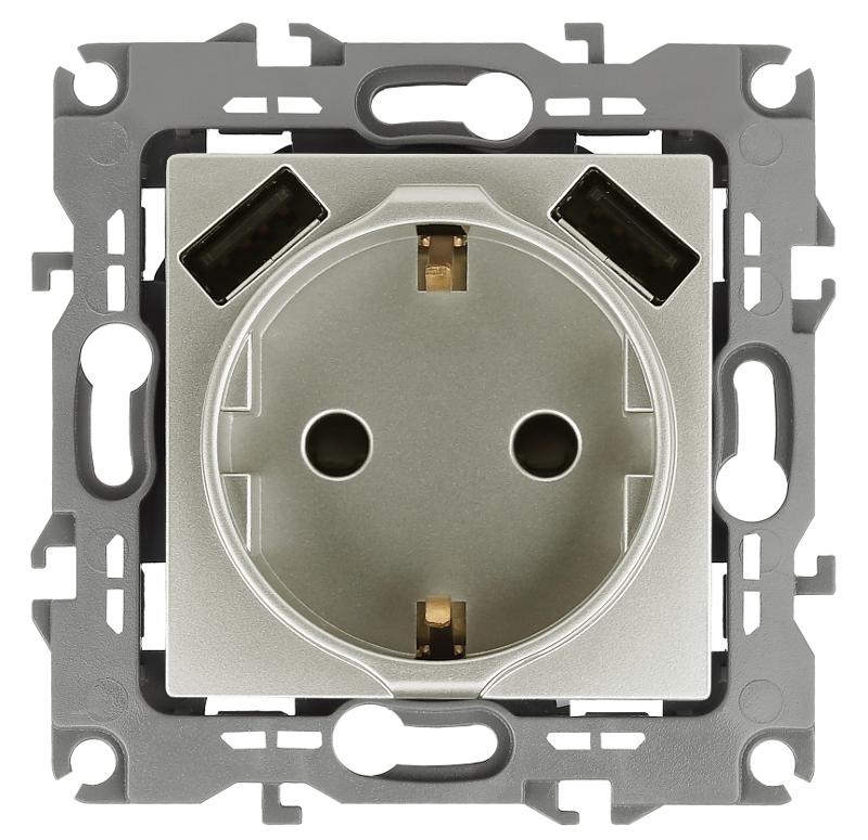 12-4109-15 Розетка с заземлением 16A-250В, штор. с 2xUSB 5В-3А, 12, перламутр