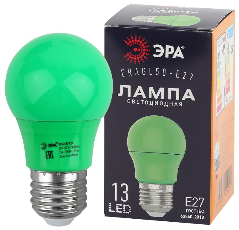 Лампы cветодиодные ERAGL50-E27 LED A50-3W-E27 (диод. груша зел., 13SMD, 3W, E27, для белт-лайт) (10/100/3600)