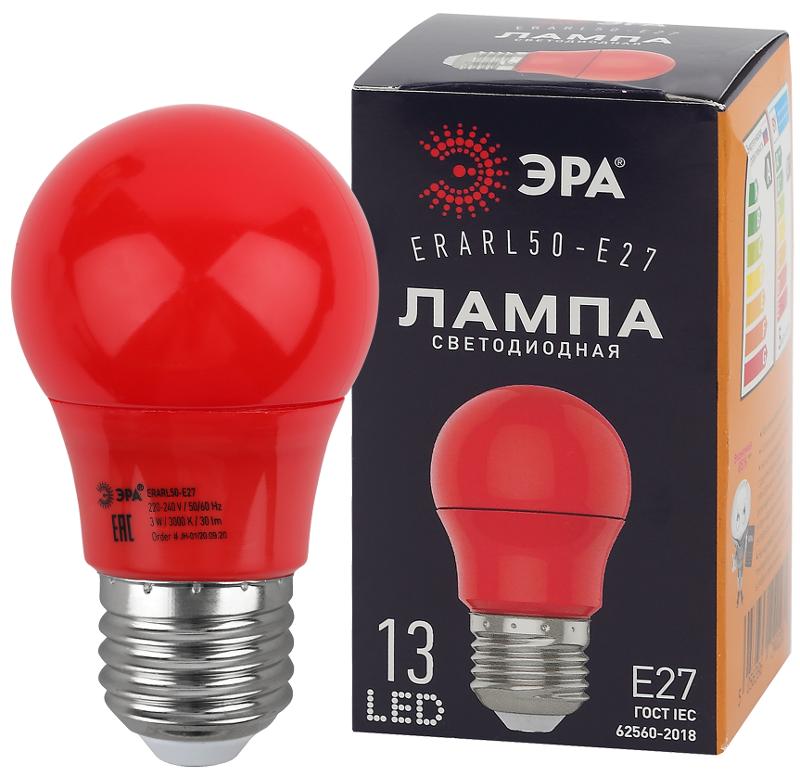 Лампы cветодиодные ERARL50-E27 LED A50-3W-E27 (диод. груша красн., 13SMD, 3W, E27, для белт-лайт) (10/100/4500)