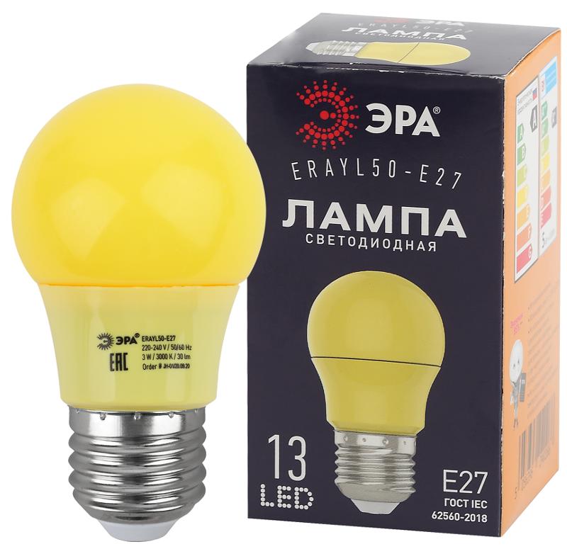 Лампы cветодиодные ERAYL50-E27 LED A50-3W-E27 (диод. груша желт., 13SMD, 3W, E27, для белт-лайт) (10/100/3600)