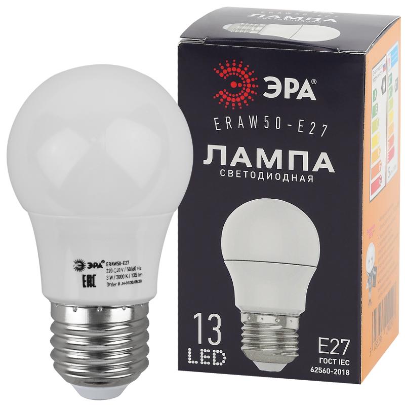Лампы cветодиодные ERAW50-E27 LED A50-3W-E27 (диод. груша бел., 13SMD, 3W, E27, для белт-лайт) (10/100/3600)