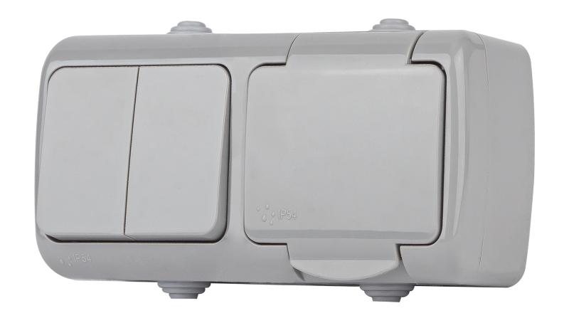 5-701-03 Блок розетка 2P+E + выключатель, 10(16)А-250В, ОУ, Atlantic, IP54, серый