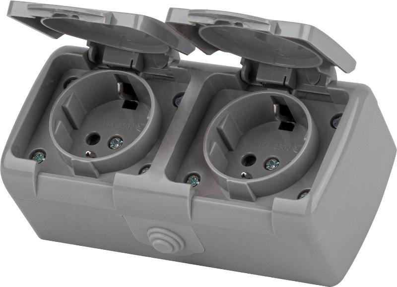 5-203-03 Розетка 2х2P+E Schuko, 16А-250В, IP54, ОУ, Atlantic, серый