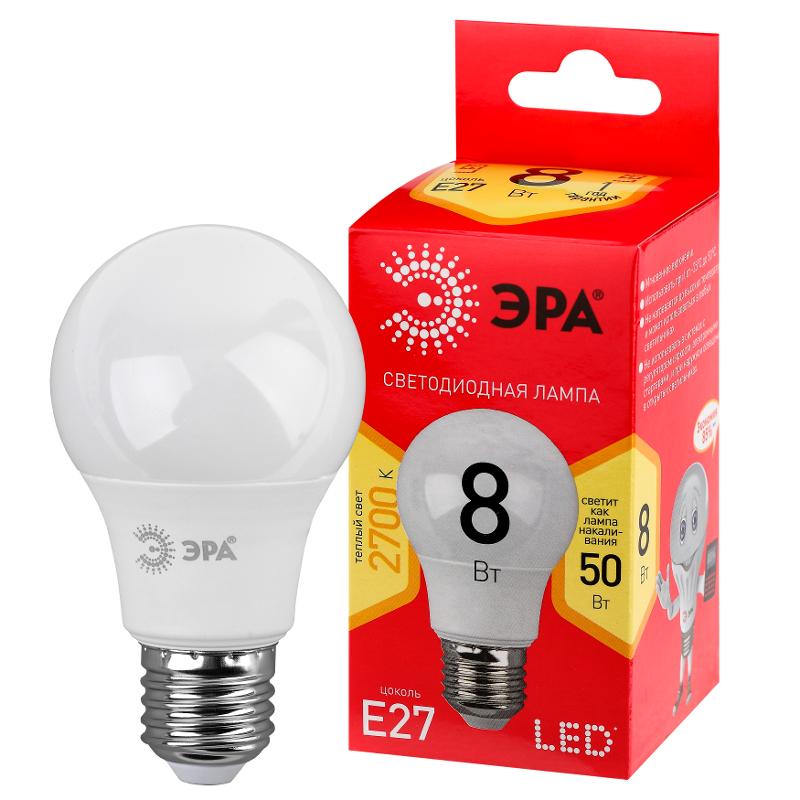 Лампа светодиодная LED A55-8W-827-E27 R ЭРА (диод, груша, 8Вт, тепл, E27) (10/100/2000)