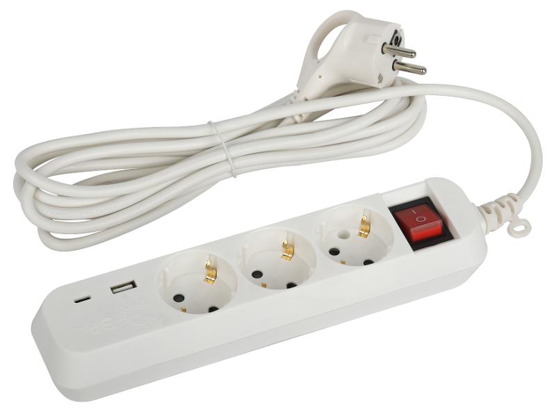 Удлинитель электрический  UB-3es-3m-USB c заземлением с выключателем 3 розетки + 1xUSBA+1xUSBC 3м 10А