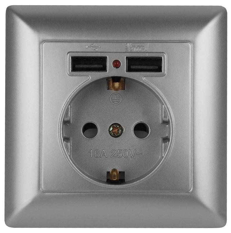 Розетка Intro Solo 4-410-03 с заземлением P+E Schuko со шторками, 16А-250В + 2хUSB, IP20, СУ, алюминий