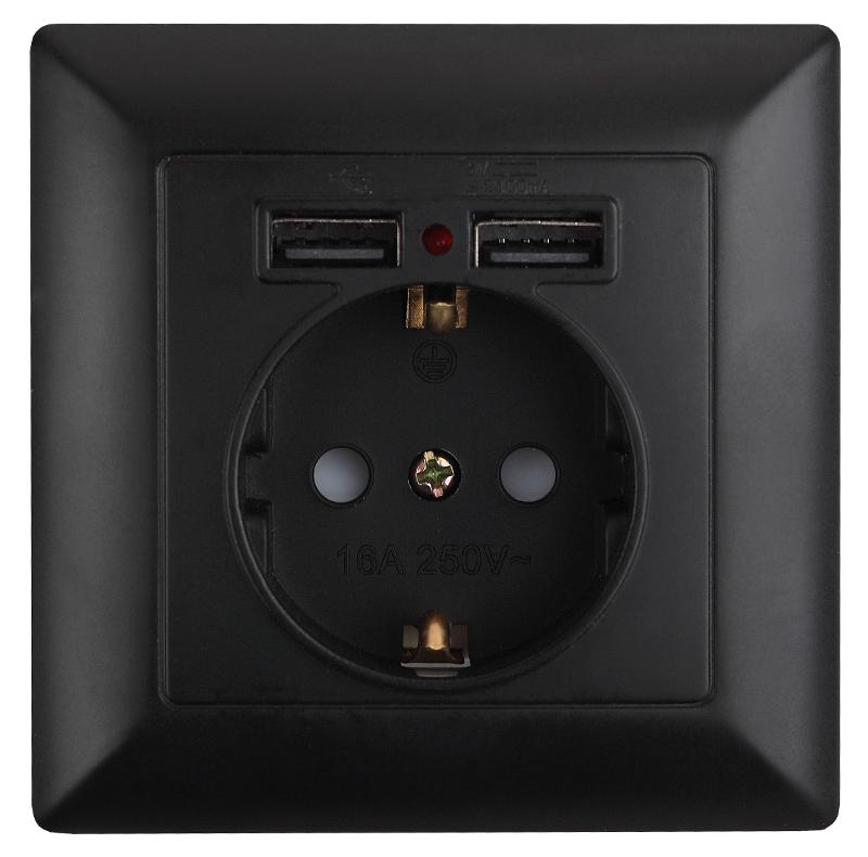 Розетка Intro Solo 4-410-05 с заземлением P+E Schuko со шторками, 16А-250В + 2хUSB, IP20, СУ, антрацит