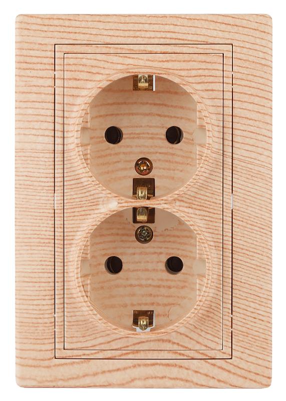 Розетка Intro Plano 1-205-11 с заземлением двойная 2X2P+E Schuko, 16А-250В, IP20, СУ, сосна