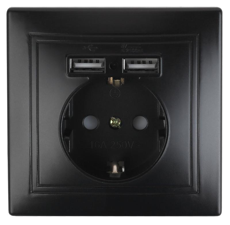 Розетка Intro Plano 1-410-05 с заземлением 2P+E Schuko со шторками, 16А-250В + 2хUSB 5В-2,1А, IP20, СУ, антрацит