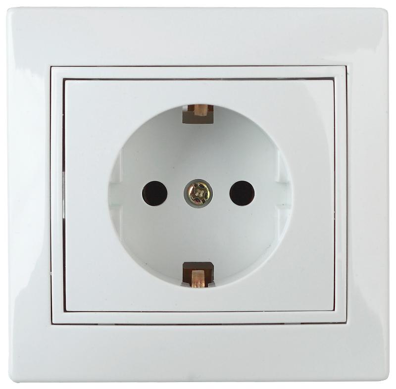 Розетка Intro Plano 1Э-206-01 с заземлением 2P+E Schuko со шторками, 16А-250В, IP20, СУ, без лапок, белый