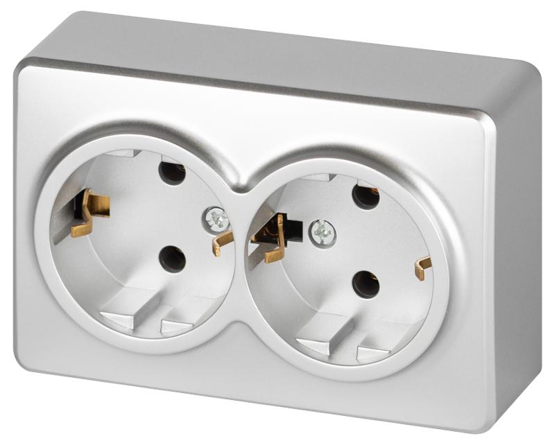 Розетка ЭРА Эксперт 11-2205-03 двойная с заземлением 2х2P+E Schuko IP20 16A-250В ОУ Алюминий