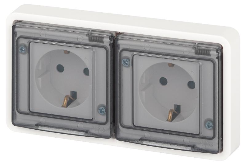 Розетка 2-ая ЭРА Эксперт 11-2524-01 2х2P+E гориз. IP55, шторки, 16A-250В, СУ, Белый