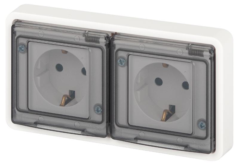 Розетка 2-ая ЭРА Эксперт 11-2523-01 2х2P+E гориз. IP55, 16A-250В, СУ, Белый