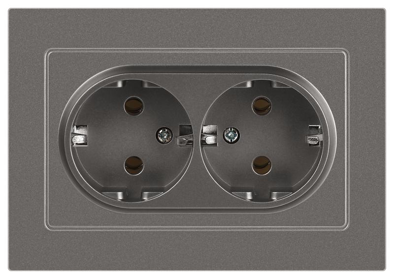 Розетка Intro Accent 6-205-09 двойная 2X2P+E Schuko, 16А-250В, IP20, СУ, AL/CU, титан
