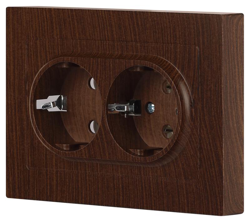 Розетка Intro Accent 6-205-10 , 2X2P+E Schuko, 16А-250В, IP20, СУ, AL/CU, венге