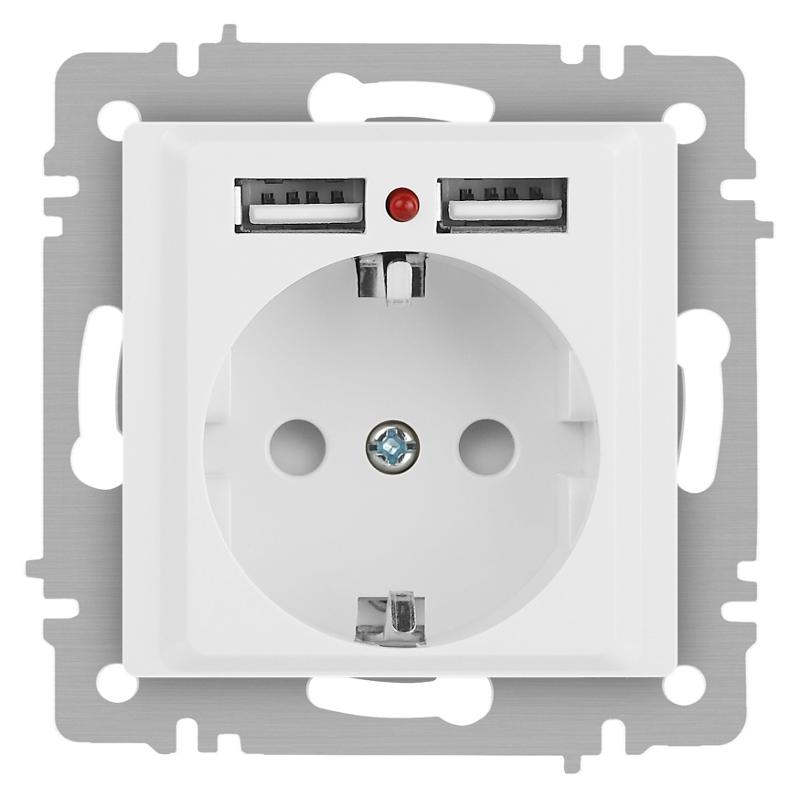 Розетка Intro Accent 6-410-01М , P+E Schuko со шторками, 16А-250В + 2хUSB, IP20, СУ, белый матовый