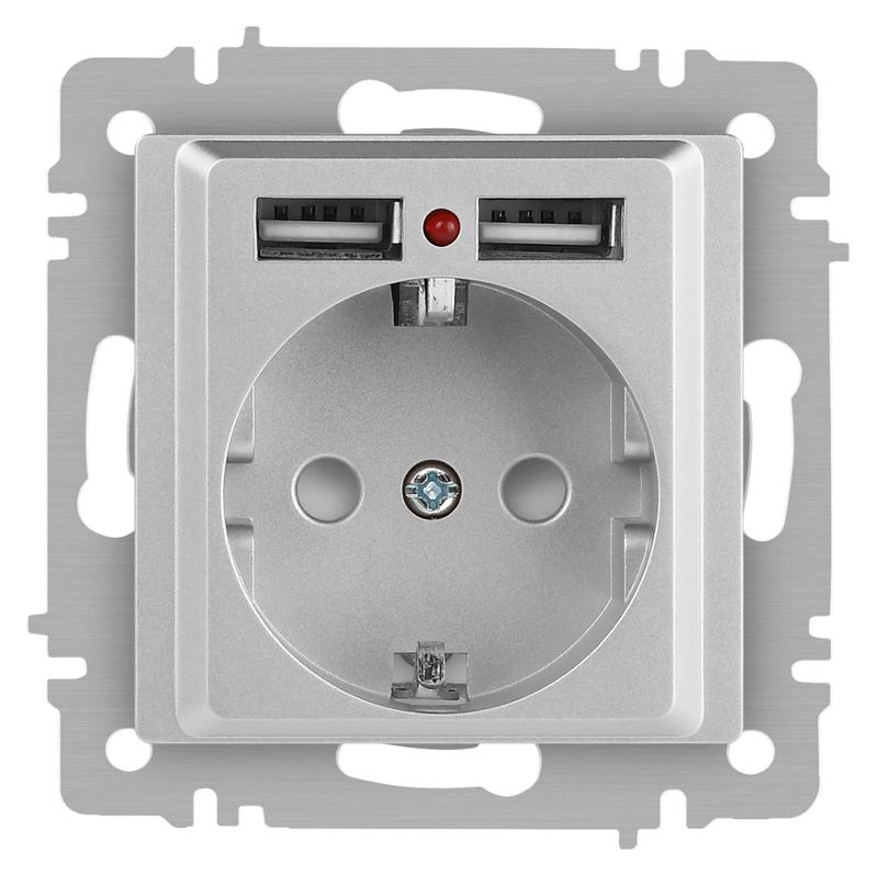 Розетка Intro Accent 6-410-03 , P+E Schuko со шторками, 16А-250В + 2хUSB, IP20, СУ, алюминий