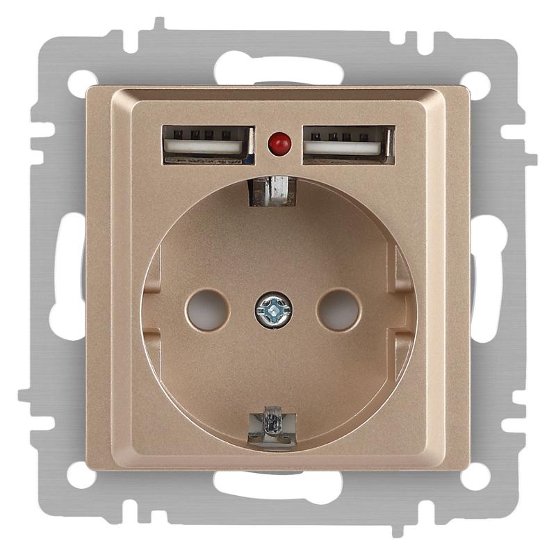 Розетка Intro Accent 6-410-04 , P+E Schuko со шторками, 16А-250В + 2хUSB, IP20, СУ, шампань