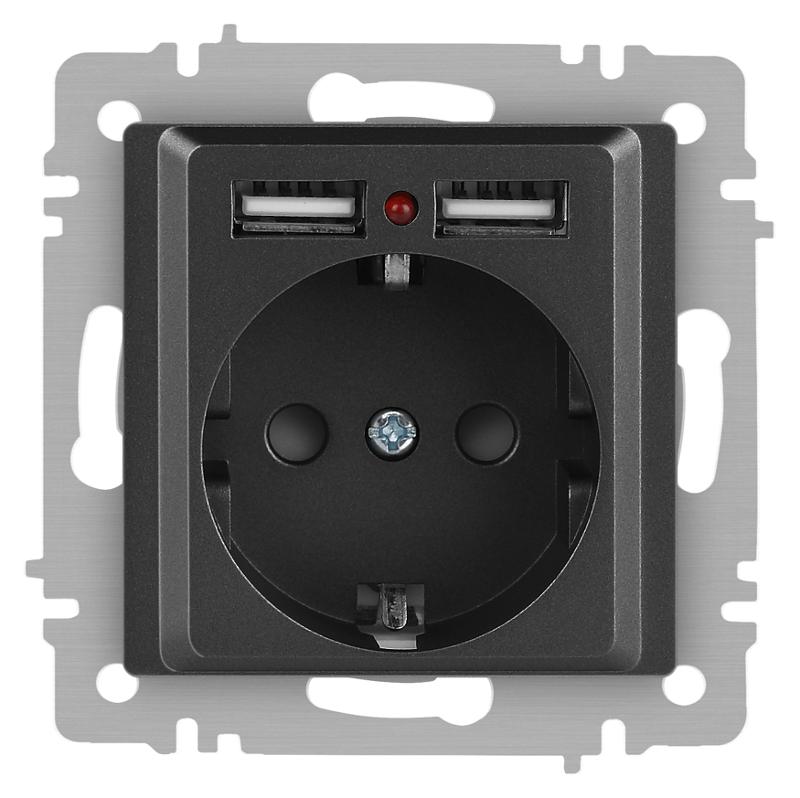 Розетка Intro Accent 6-410-07 P+E Schuko со шторками, 16А-250В + 2хUSB, IP20, СУ, графит