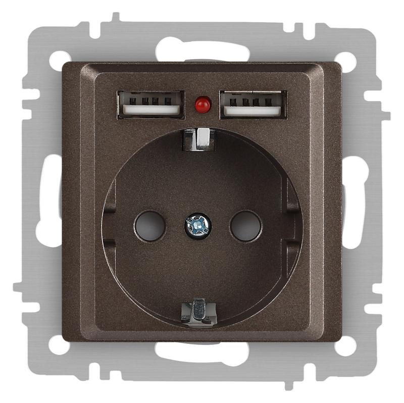 Розетка Intro Accent 6-410-08 , P+E Schuko со шторками, 16А-250В + 2хUSB, IP20, СУ, бронза