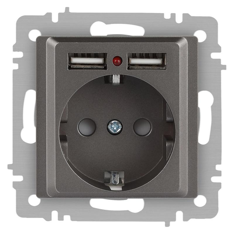 Розетка Intro Accent 6-410-09 P+E Schuko со шторками, 16А-250В + 2хUSB, IP20, СУ, титан