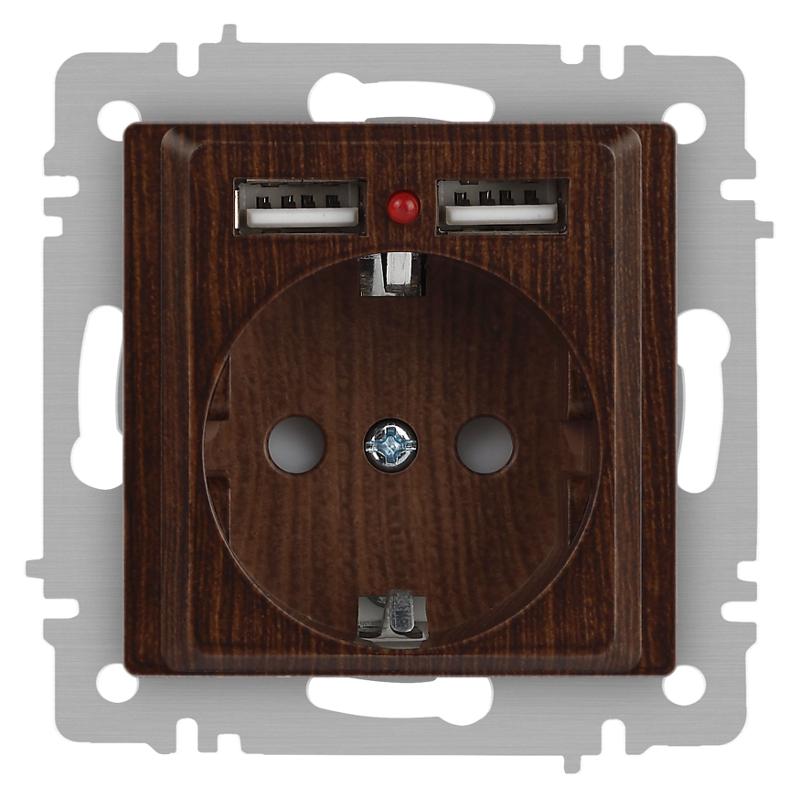 Розетка Intro Accent 6-410-10 , P+E Schuko со шторками, 16А-250В + 2хUSB, IP20, СУ, венге