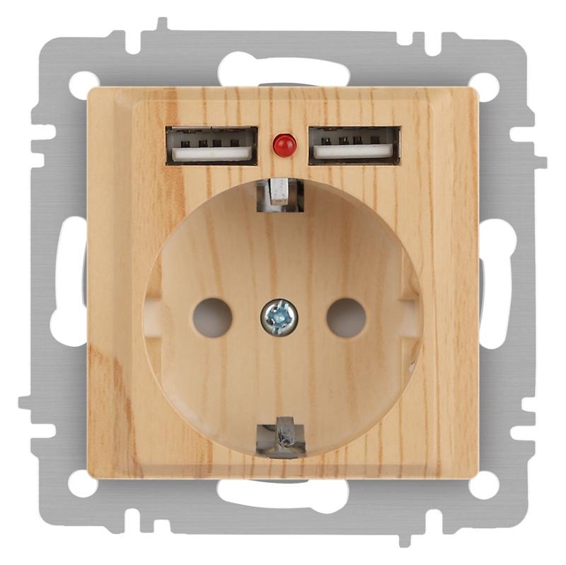 Розетка Intro Accent 6-410-11 , P+E Schuko со шторками, 16А-250В + 2хUSB, IP20, СУ, сосна