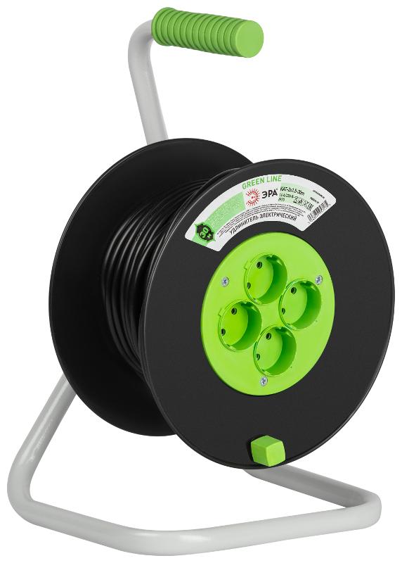 Удлинитель силовой ЭРА GREEN LINE KAT-2x1.5-30m Greenline на катушке пластик 4 розетки без заземления 30м ПВС 2x1.5мм2