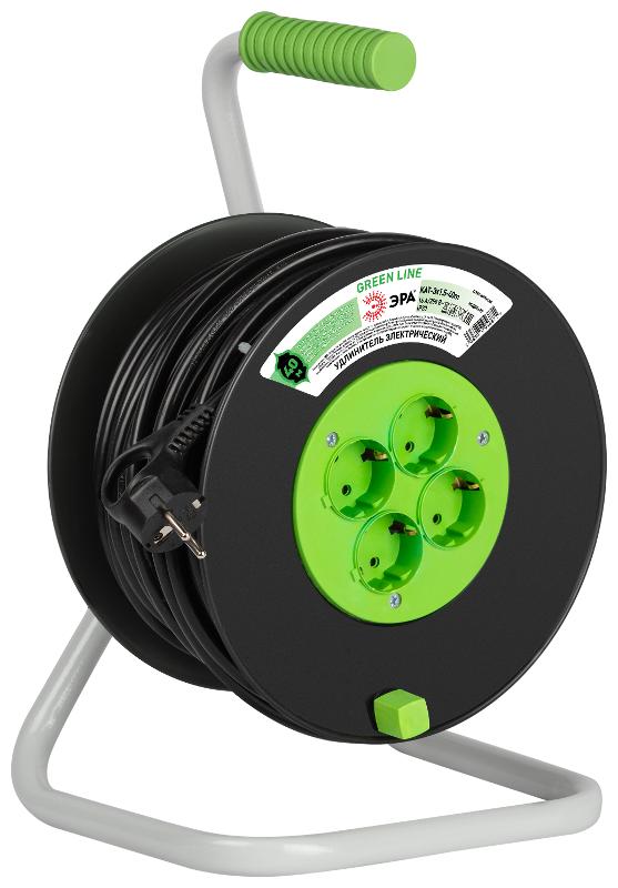 Удлинитель силовой ЭРА GREEN LINE KAT-3x1.5-40m Greenline на катушке пластик 4 розетки с заземлением 40м ПВС 3x1.5мм2