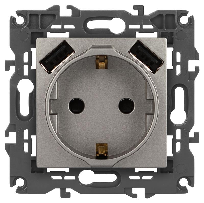 Розетка Elegance 14-4109-16 2P+E 16A-250В, штор. с 2xUSB 5В-3А, титан
