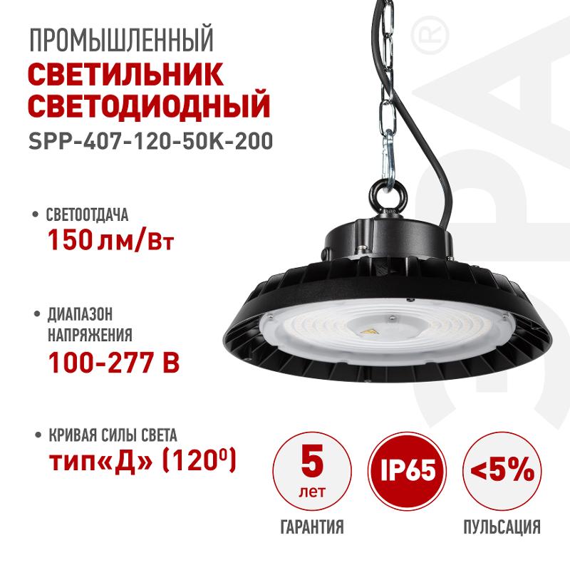 Светильник светодиодный подвесной  SPP-407-120-50K-200 200Вт 30000лм 5000K 80Ra Кп<5% КСС Д (120◦) 5 лет IP65