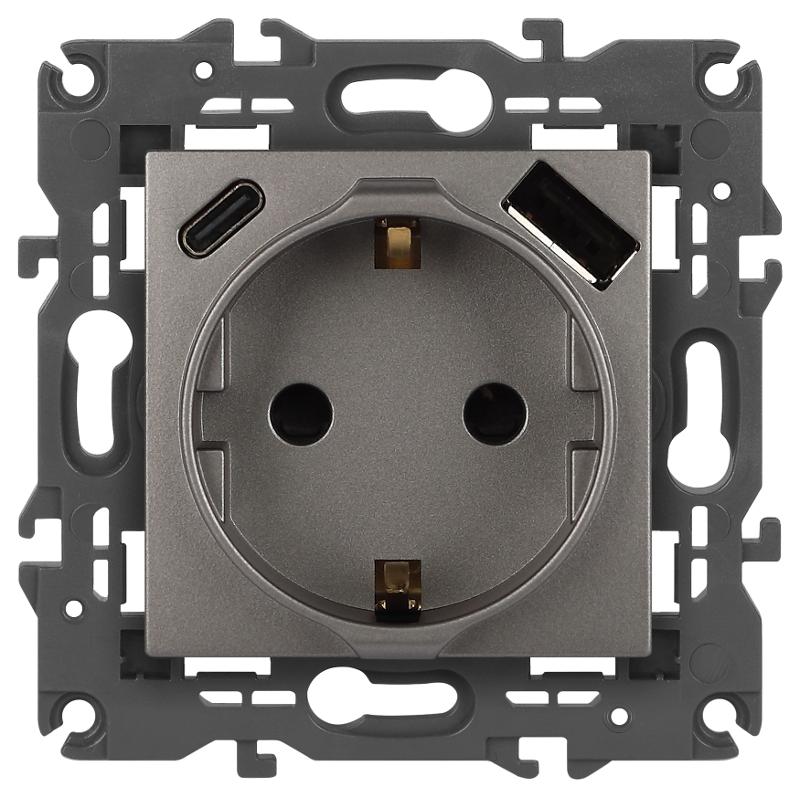 Розетка Elegance 14-4108-16 2P+E 16A-250В со шторками с USB type-A+C 5В-3А титан