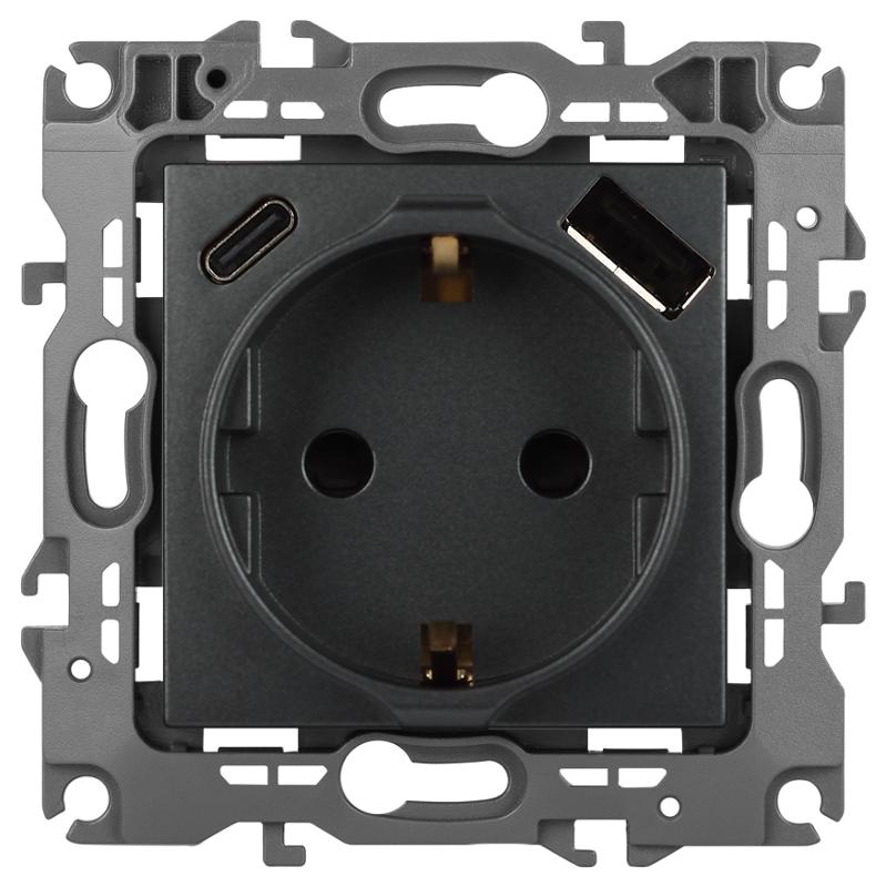 Розетка  Серия 12 12-4108-12 2P+E 16A-250В со шторками с USB type-A+C 5В-3А графит