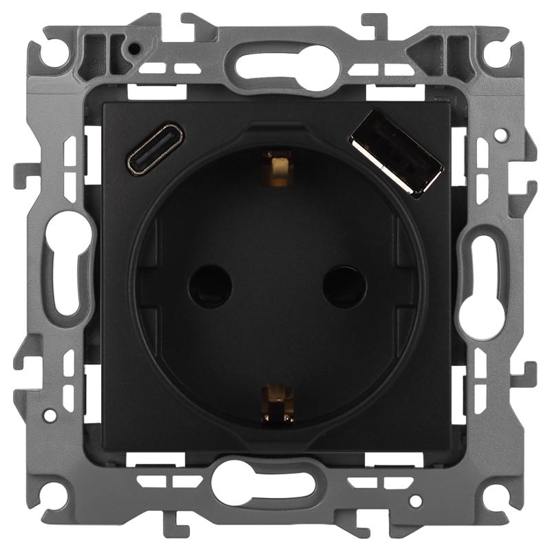 Розетка  Серия 12 12-4108-05 2P+E 16A-250В со шторками с USB type-A+C 5В-3А антрацит
