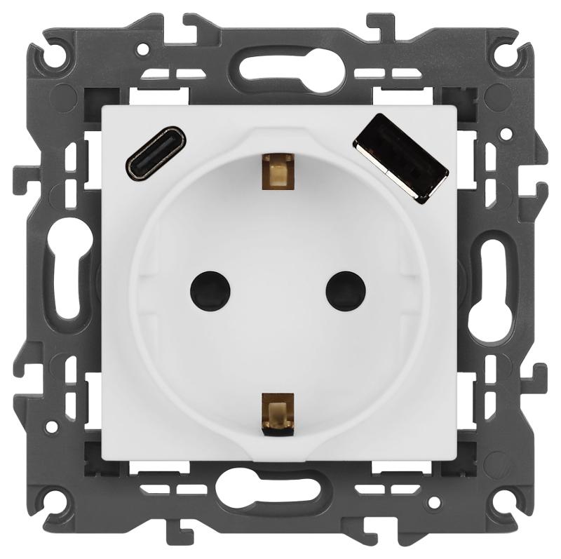 Розетка Elegance 14-4108-01М 2P+E 16A-250В со шторками с USB type-A+C 5В-3А белый матовый