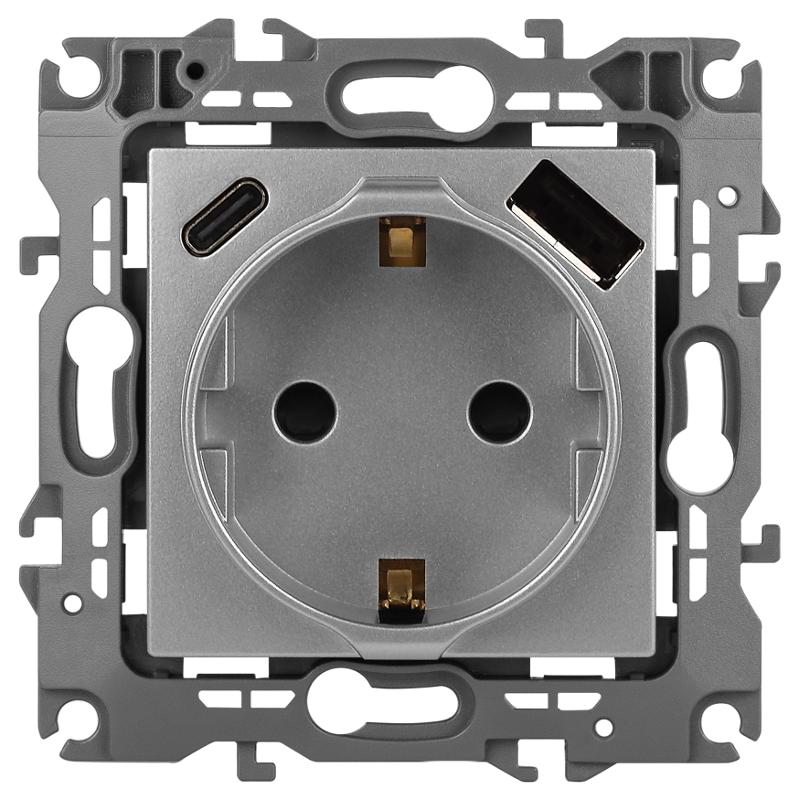 Розетка  Серия 12 12-4108-03 2P+E 16A-250В со шторками с USB type-A+C 5В-3А алюминий