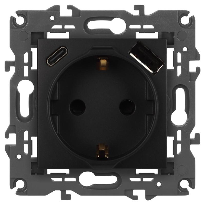 Розетка Elegance 14-4108-05 2P+E 16A-250В со шторками с USB type-A+C 5В-3А антрацит