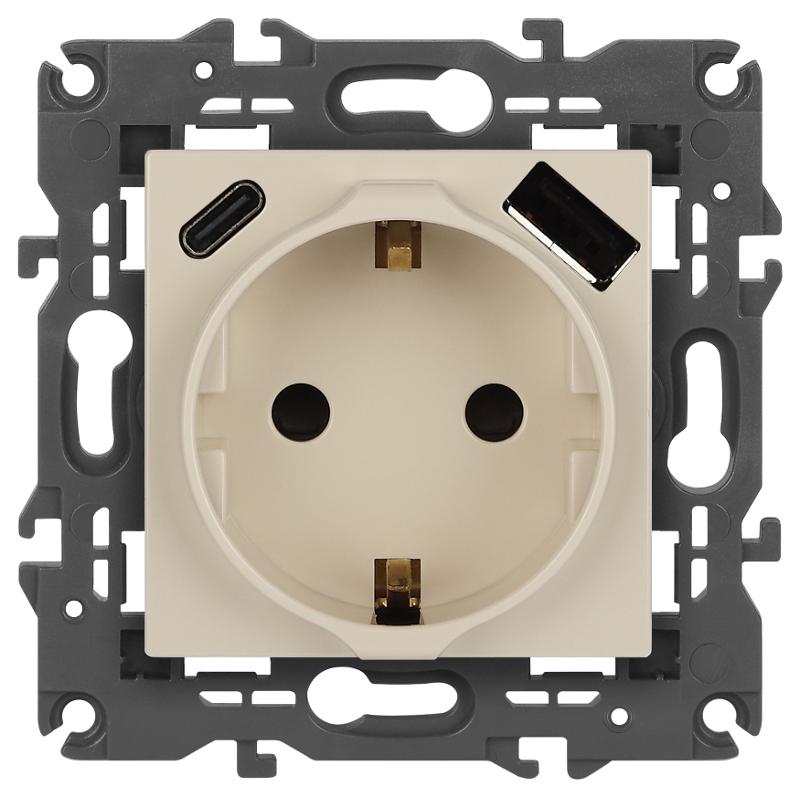Розетка Elegance 14-4108-02 2P+E 16A-250В со шторками с USB type-A+C 5В-3А слоновая кость