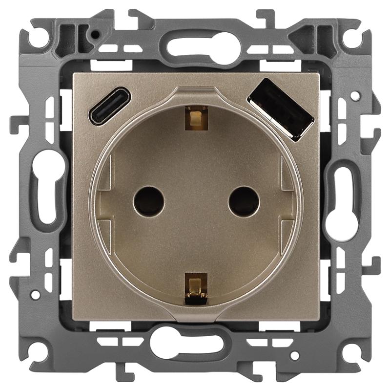 Розетка  Серия 12 12-4108-04 2P+E 16A-250В со шторками с USB type-A+C 5В-3А шампань