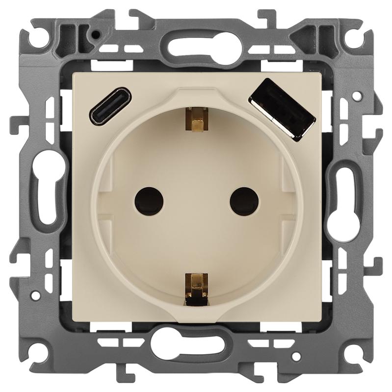 Розетка  Серия 12 12-4108-02 2P+E 16A-250В со шторками с USB type-A+C 5В-3А слоновая кость