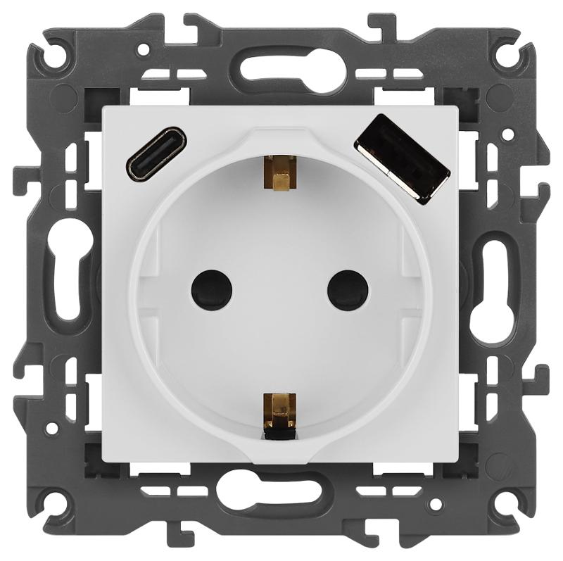 Розетка Elegance 14-4108-01 2P+E 16A-250В со шторками с USB type-A+C 5В-3А белый