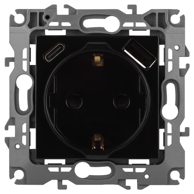 Розетка  Серия 12 12-4108-06 2P+E 16A-250В со шторками с USB type-A+C 5В-3А чёрный