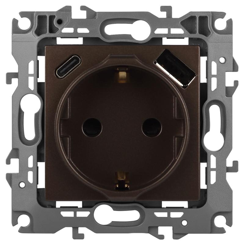 Розетка  Серия 12 12-4108-13 2P+E 16A-250В со шторками с USB type-A+C 5В-3А бронза