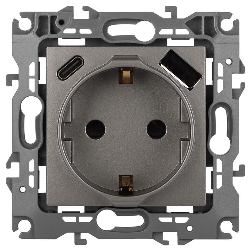 Розетка  Серия 12 12-4108-16 2P+E 16A-250В со шторками с USB type-A+C 5В-3А титан