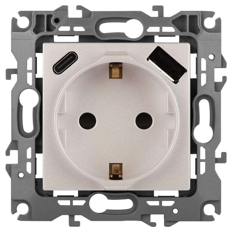 Розетка  Серия 12 12-4108-15 2P+E 16A-250В со шторками с USB type-A+C 5В-3А перламутр